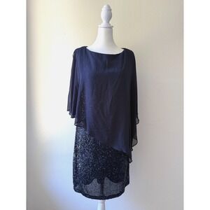 X By Xscape Navy Sequin Dress Sz 10 Cape Sleeve Chiffon Overlay Evening Cocktail
